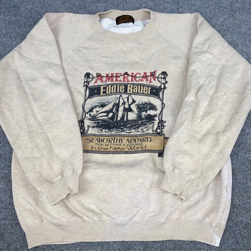 Eddie Bauer Sweatshirt Mens Large Beige Vintage Nautical Sailboat Graphic Print